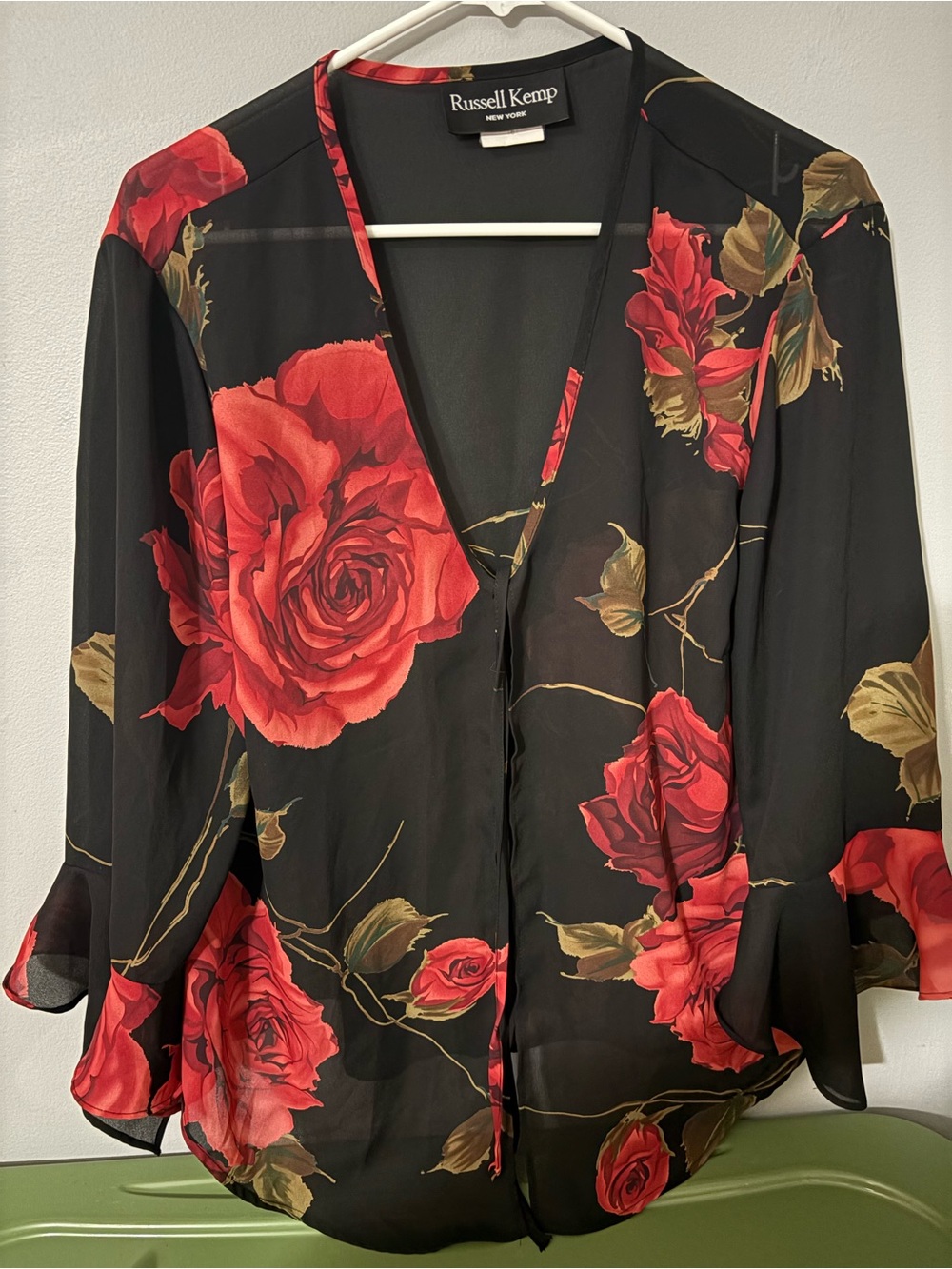 Russell Kemp sheer black wrap with Red Rose Print